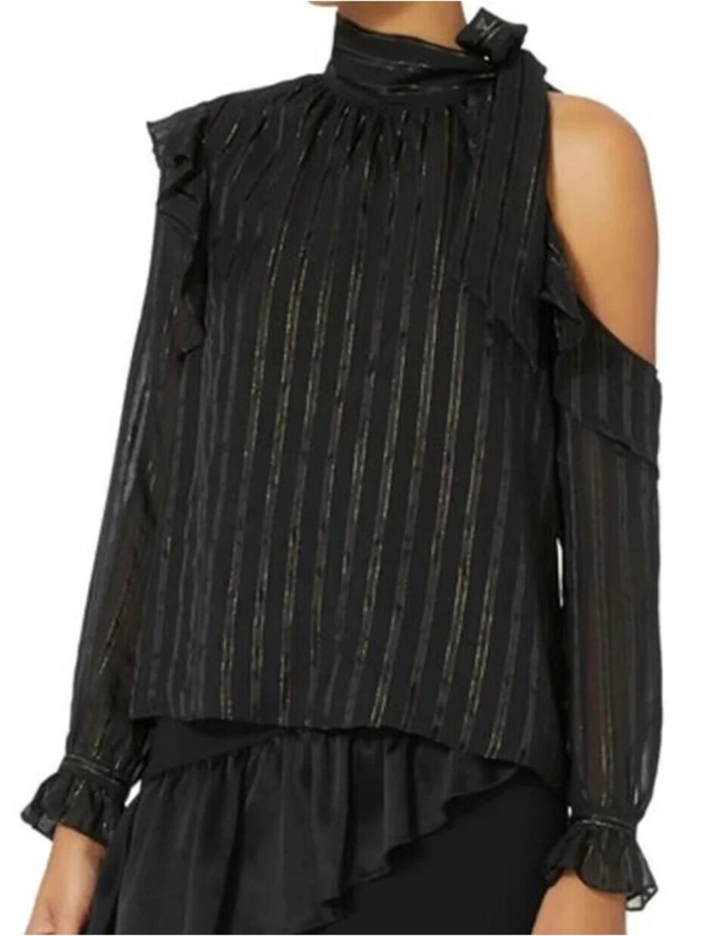 INTERMIX Black Metallic-Striped One-Shoulder Blouse